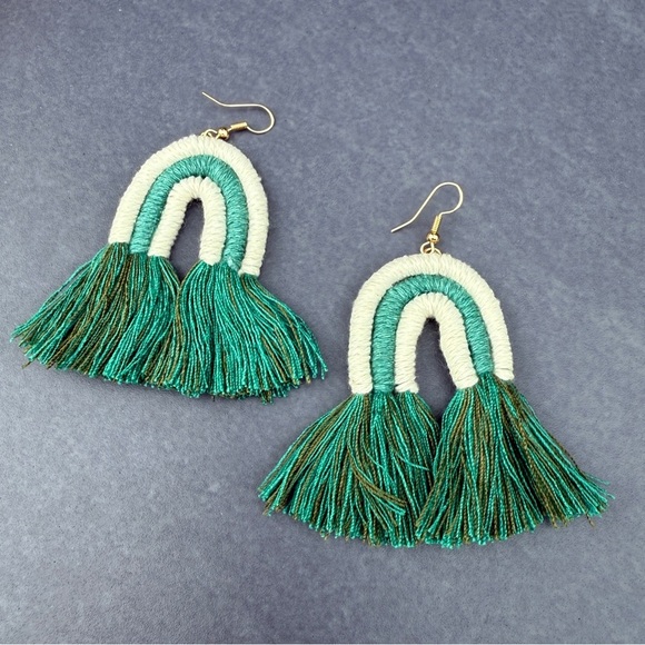 Macrame Woven Rainbow Tassel Earrings in Teal Green and White - Picture 3 of 10